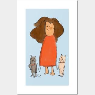 Cat Lady with two cats Posters and Art